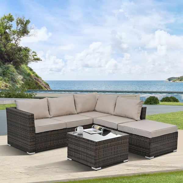 Tunearary 6-Piece Outdoor Patio Brown PE Wicker Conversation Set Furniture Set with Tempered Glass Coffee Table and Beige Cushions