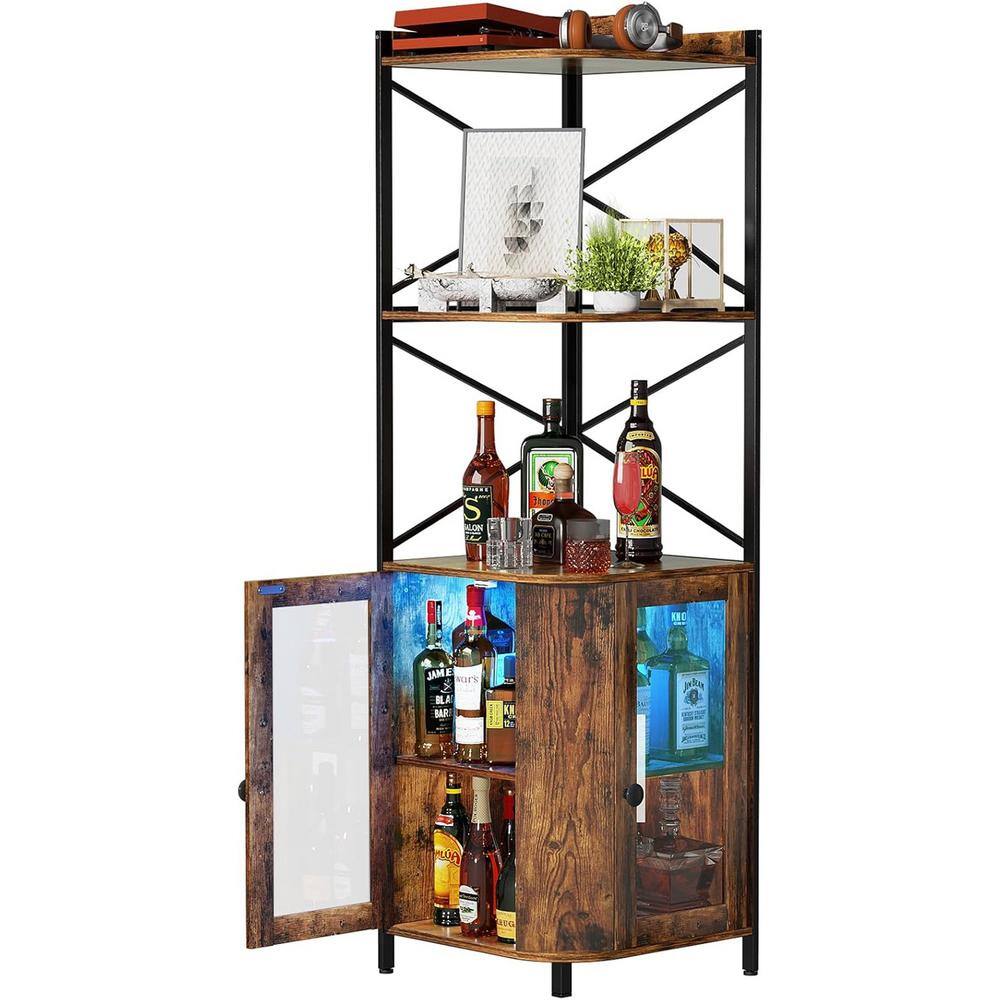 30-Bottle Rustic Brown Wood Corner Bar Cabinet Wine Rack with RGB LED Light