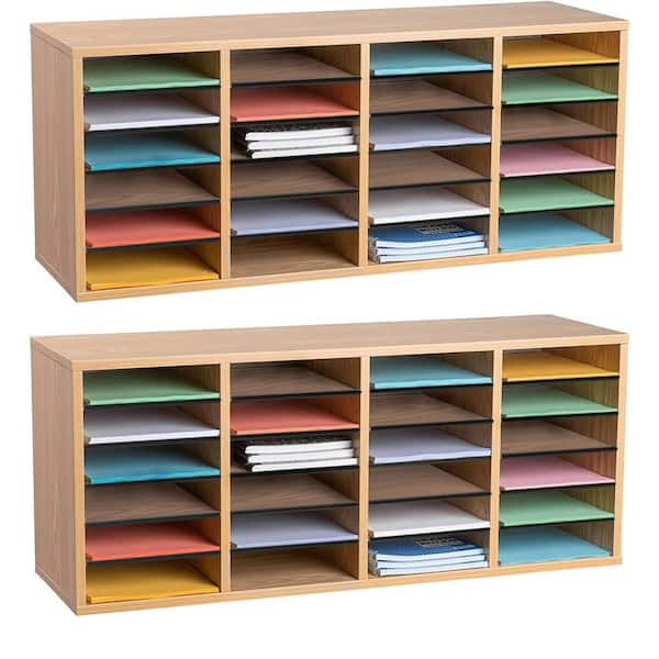 24 Compartment Wood Adjustable File Cabinet Literature Organizer, Medium Oak (2-Pack)