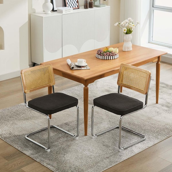 Muse Black Modern Upholstered Linen Dining Chairs, Cane Rattan Back, Stainless Chrome Base (Set of 2)