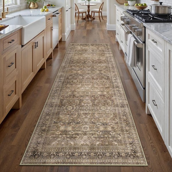 Phuket Island Brown 2 ft. x 8 ft. Distressed Vintage Floral Runner Rug