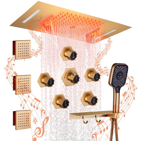 Luxury 7-Spray 23in x 15 in Thermostatic LED Ceiling Mount Dual Fixed and Handheld Shower Head 2.5 GPM in Brushed Gold