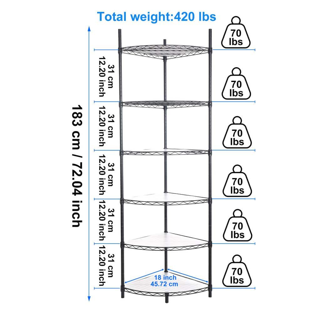 Black Adjustable 6-Tier Corner Wire Shelf Rack