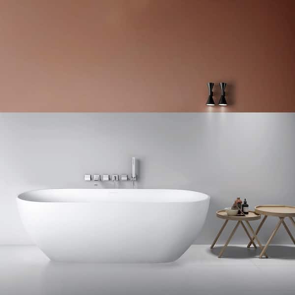 69 in. x 30 in. Flatbottom Solid Surface Freestanding Soaking Bathtub in White