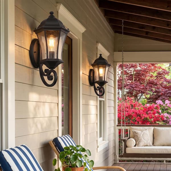 Byteany 20 in. 2-Light Black Hardwired Outdoor Wall Light Lantern