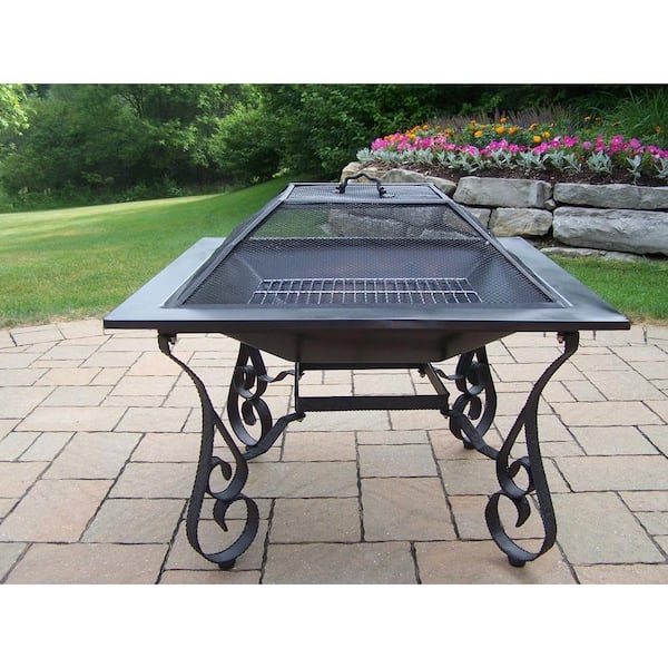 Oakland Living Victoria 33 in. Iron Fire Pit in Black with Grill and Spark Guard Screen Lid