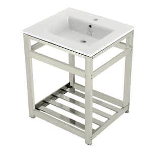 25 in. Ceramic Console Sink (1-Hole) with Stainless Steel Base in Polished Nickel