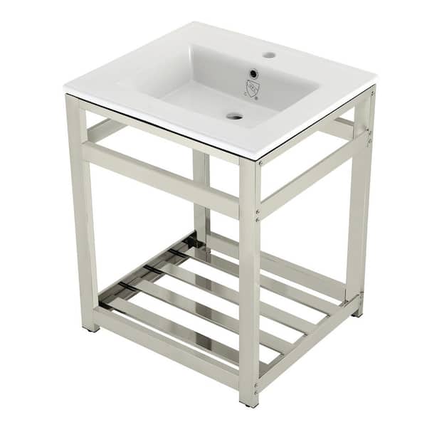 Kingston Brass 25 in. Ceramic Console Sink (1-Hole) with Stainless Steel Base in Polished Nickel