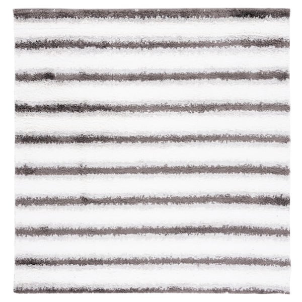Berber Shag 7 ft. x 7 ft. Ivory/Gray Striped Square Area Rug