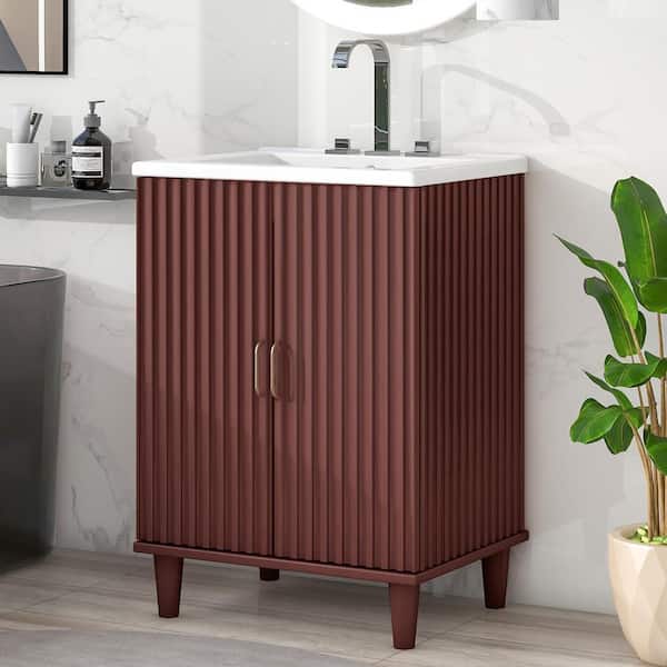 Unbranded 24 in. W x 18 in. D x 33 in. H Single Sink Freestanding Bath Vanity in Rosy with White Ceramic Top
