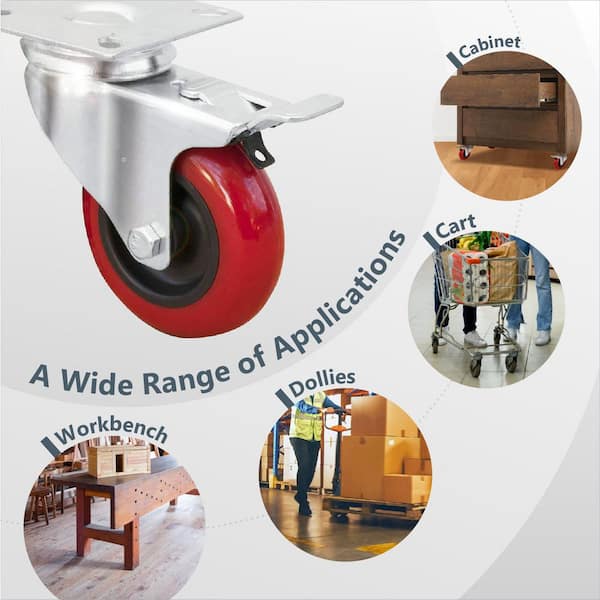 3 in. Swivel Plate Caster Wheels with Brake and 640 lbs. Loads, Dual Locking PU Castor Wheels (8-Pack)