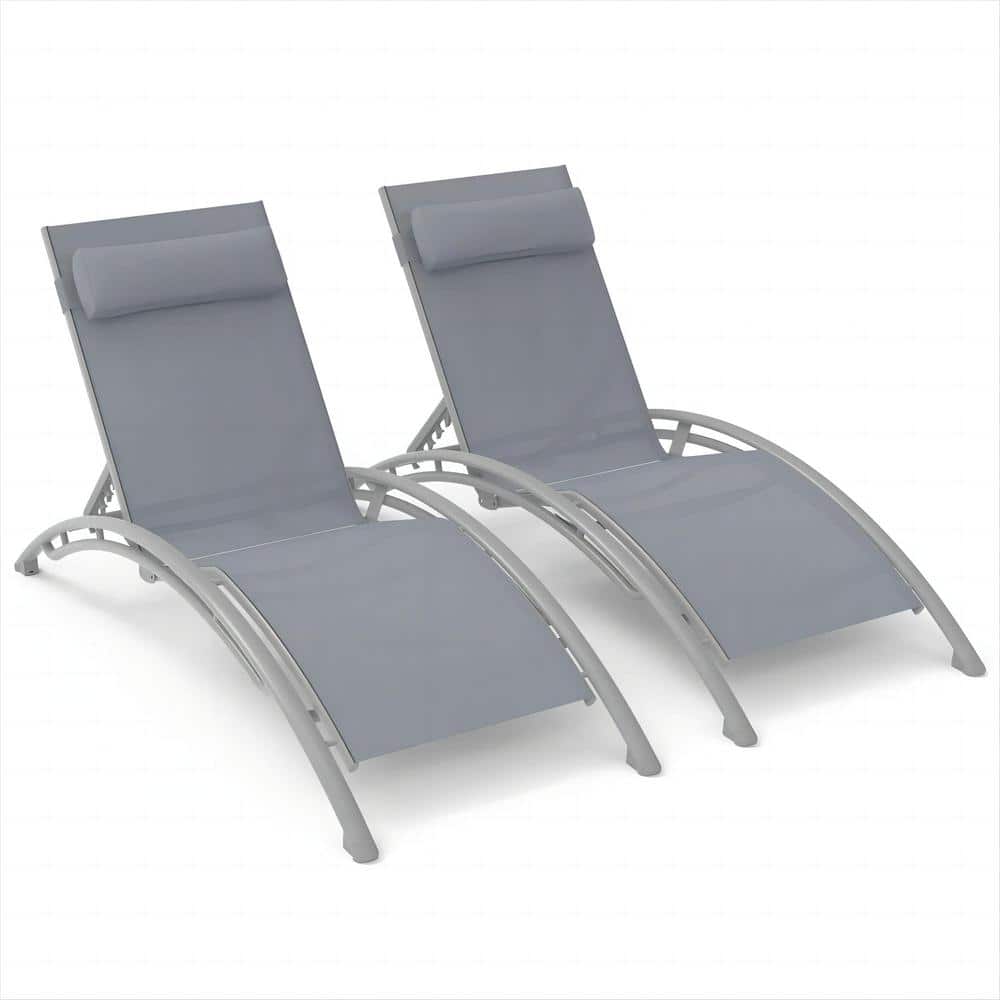 Gray Frame 2-Piece Metal Outdoor Patio Chaise Lounge with Adjustable Backre