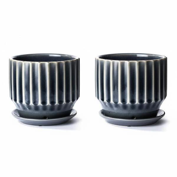 2-Piece 6 in. Grey Ceramic Plant Pots (Crackle Glaze, Drainage, Saucer + Nets)