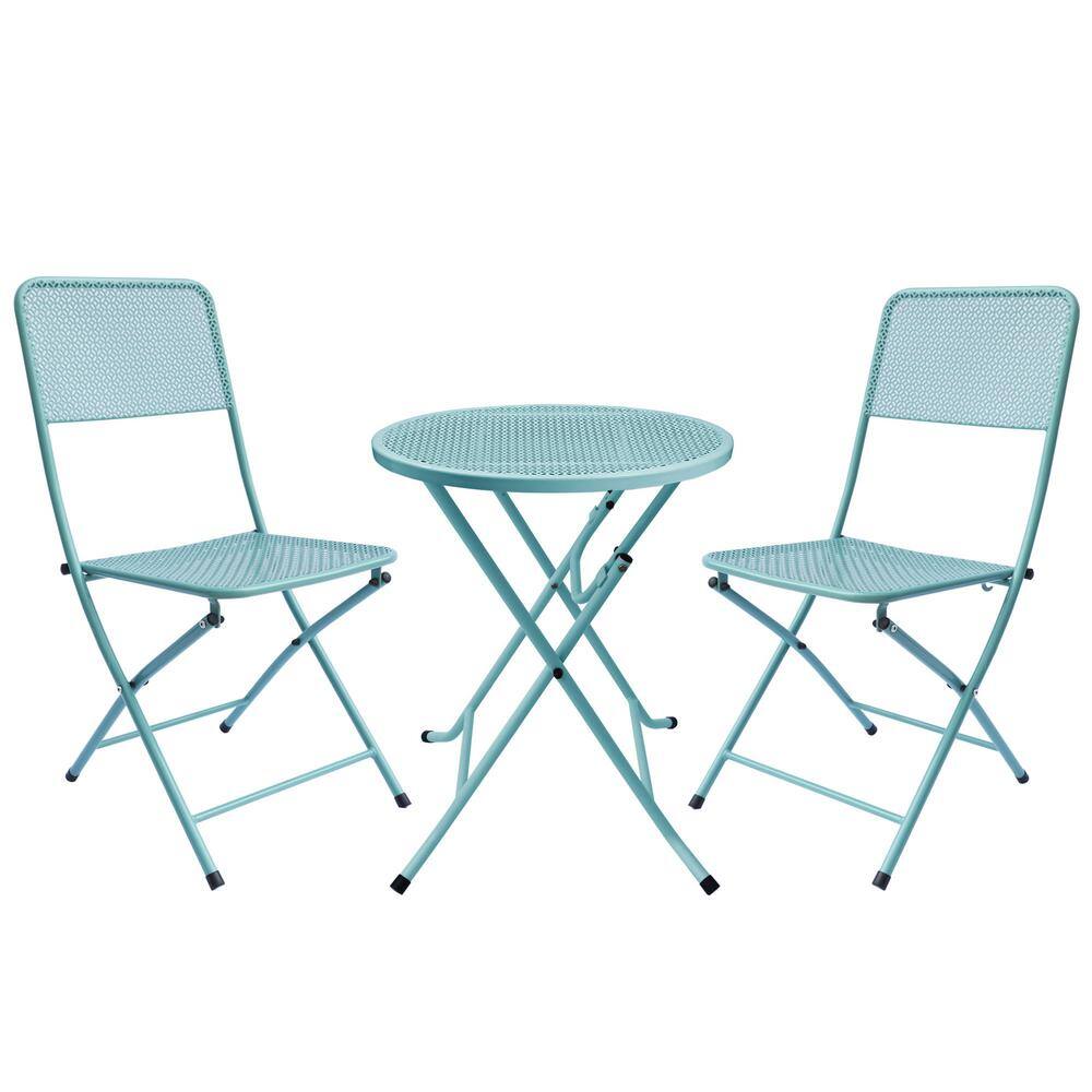 Blue 3-Piece Metal Round 27.56 in. Table Height Outdoor Bistro Set