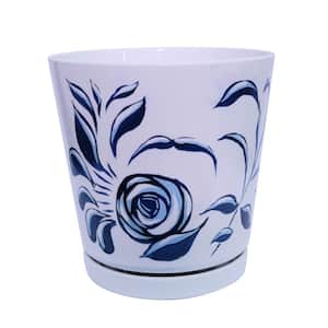 8.75 in. Blue Stylized Floral Melamine Planter with Self Watering Saucer