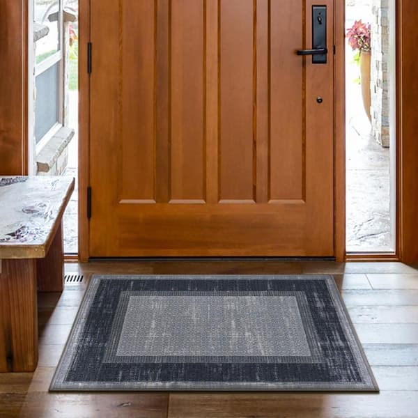 Ottohome Collection Modern Bordered Design Area Rug, 2'3" X 3', Gray/Navy