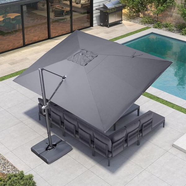PURPLE LEAF 10 ft. x 13 ft. Outdoor Patio Cantilever Umbrella Aluminum 360° Rotation Umbrella with Base, Dark Gray