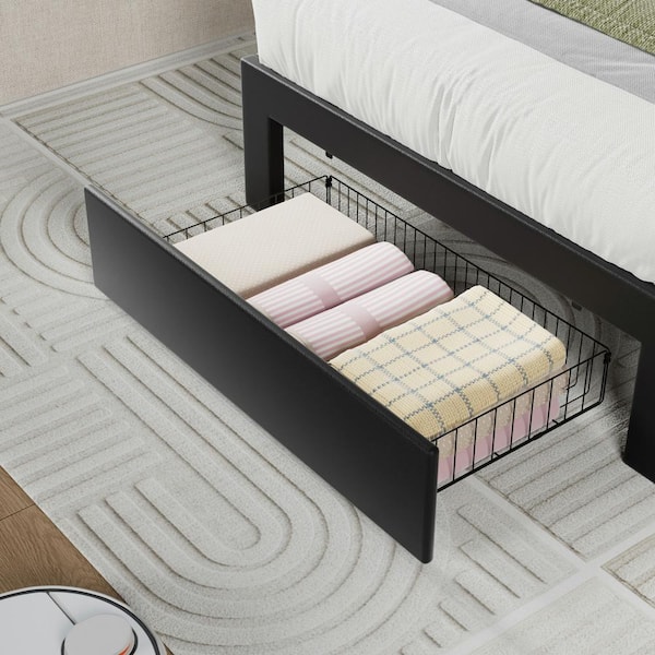 VECELO Upholstered Storage Bed-1 Drawer, Black Metal Frame