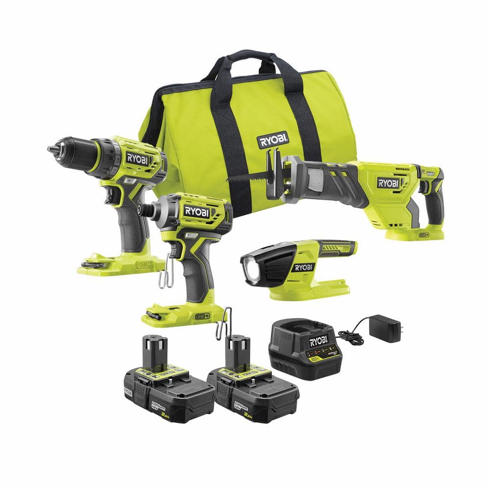 RYOBI ONE+ 18V Lithium-ion Brushless Cordless 4-Tool Combo Kit with (2) 2.0  Ah Batteries, Charger, and Bag PBLCK200KN The Home Depot