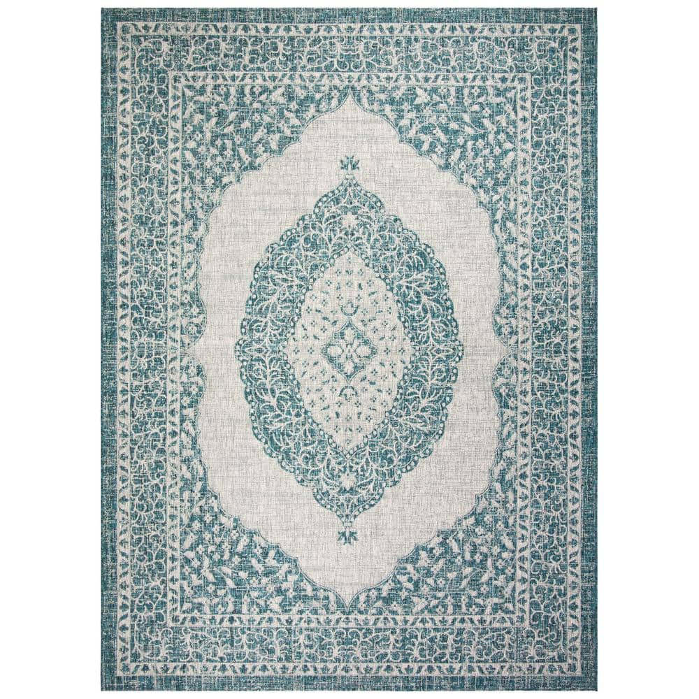 Light Gray and Teal 9' x 12' Easy-Care Synthetic Area Rug