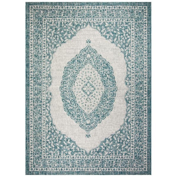 Courtyard Light Gray/Teal 9 ft. x 12 ft. Border Indoor/Outdoor Patio  Area Rug