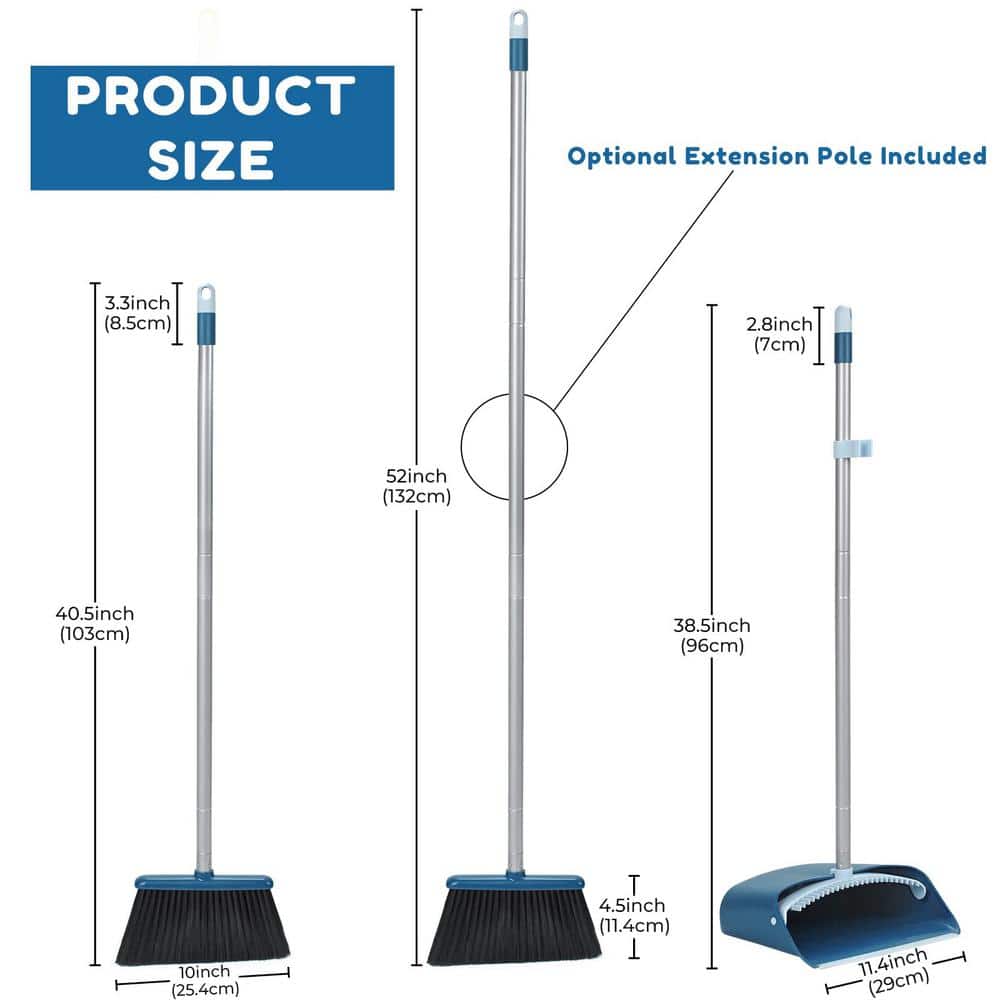 Blue Stainless Steel Long Handle Broom and Dustpan Set