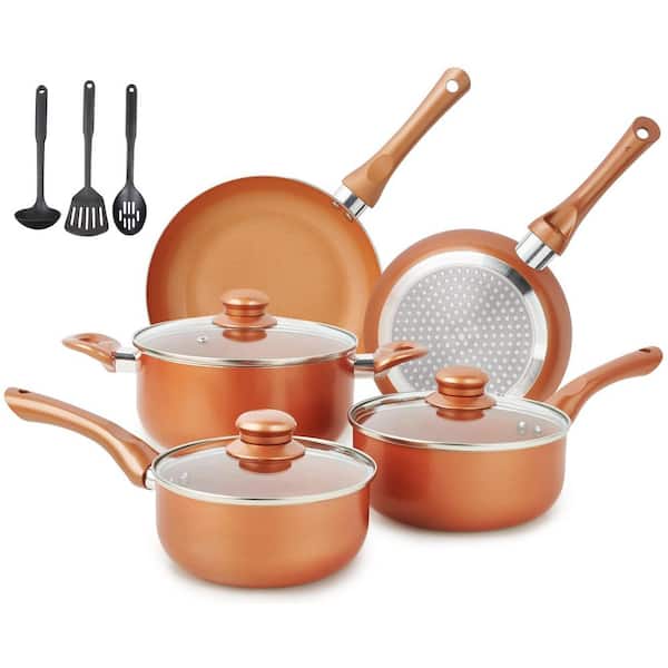 11 Piece Copper Finish Ceramic Nonstick Cookware Set with Stay Cool Handles and Utensils, Induction Safe