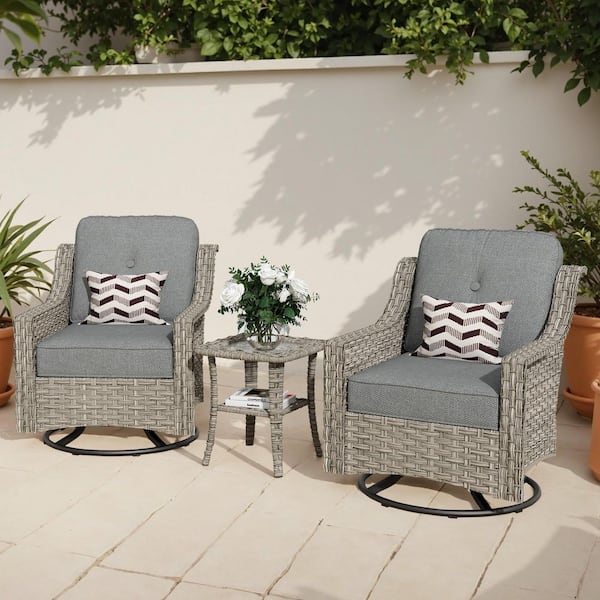 Eureka Grey 3-Piece Wicker Outdoor Patio Conversation Swivel Rocking Chair Seating Set with Dark Grey Cushions