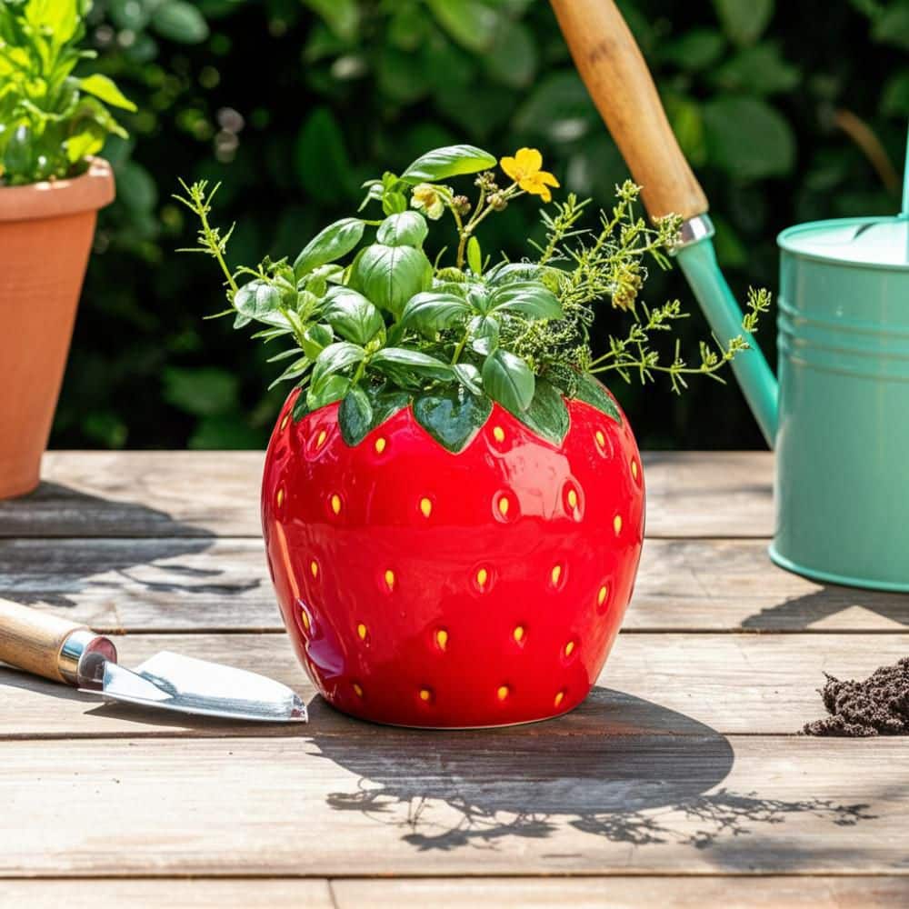 Liv & Skye Red Ceramic Round Strawberry Decorative Planter (7 in