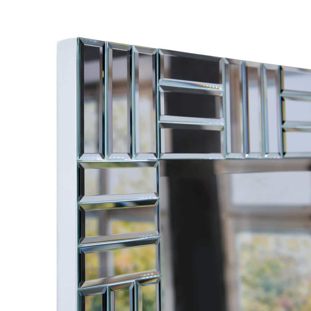 Chrome Subway Tile Rectangular Beveled Wall Mirror with Fir Wood Frame