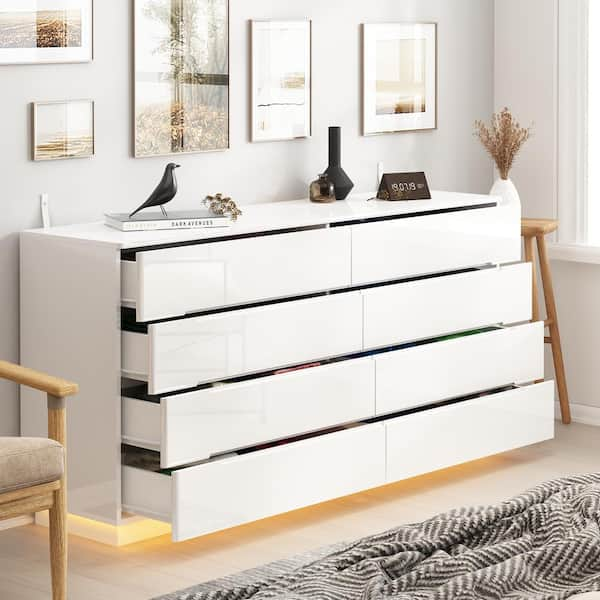 High Gloss White Wood 8-Drawer Chest of Drawers Storage Organizer With LED Lights (63 in. W x 30.9 in. H x 15.7 in. D)