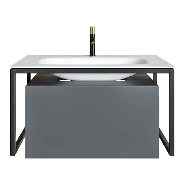 Modena 32 in. Single Sink Floating Gray Bath Vanity with White Solid Surface Top (Assembled)
