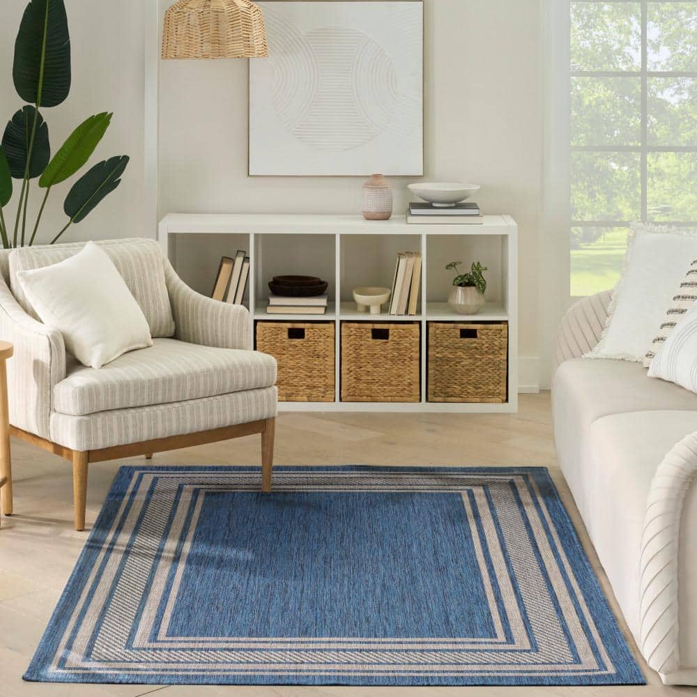 Denim Blue and Beige Geometric Rectangular 4' x 6' Indoor/Outdoor Rug