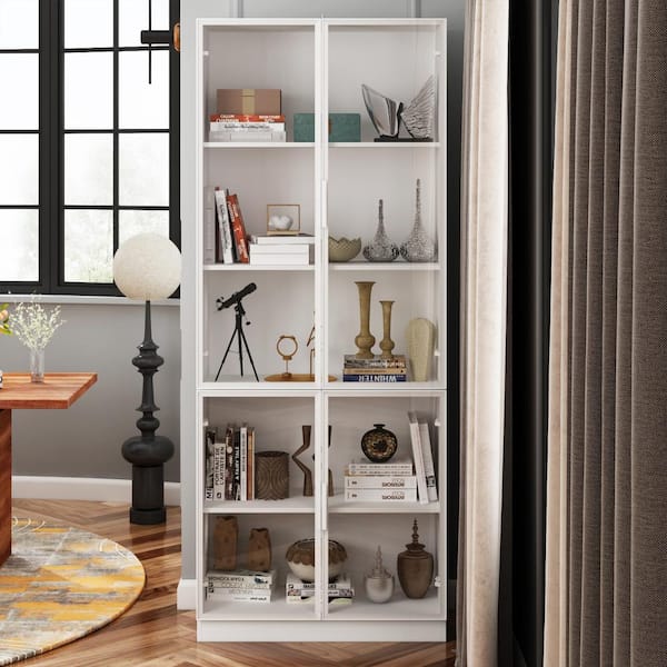 FUFU&GAGA White Wood 31.5 in. W Display Cabinet With 4 Tempered Glass Doors, 5 Shelves