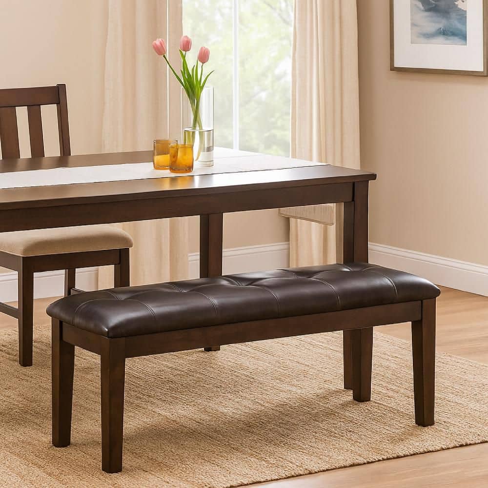 Hado 49.75 in. Dark Brown Backless Wood Dining Chair Bench with Tufted Faux Leather Seat