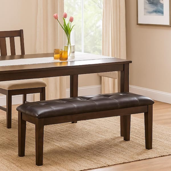 Hado 49.75 in. Dark Brown Backless Wood Dining Chair Bench with Tufted Faux Leather Seat