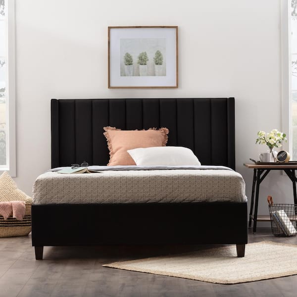 Full Platform Bed Frame, Black Upholstered King Bed Set