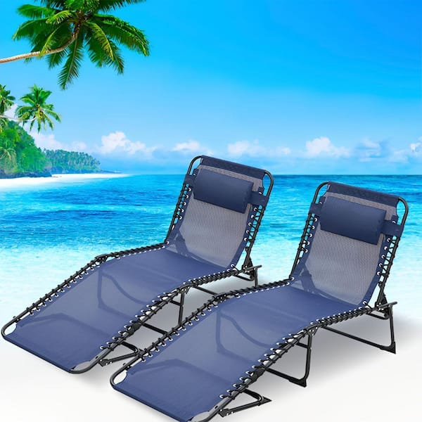 Unbranded 2Pcs Dark Blue Outdoor Lounge Chair Folding Chaise Lounge Pool Chair Patio Sun Tanning Chair w/4-Position Reclining Back