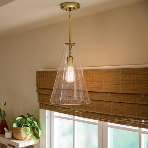 KICHLER Everly 10.25 in. 1-Light Natural Brass Modern Shaded Cone Kitchen Hanging Pendant Light with Clear Seeded Glass
