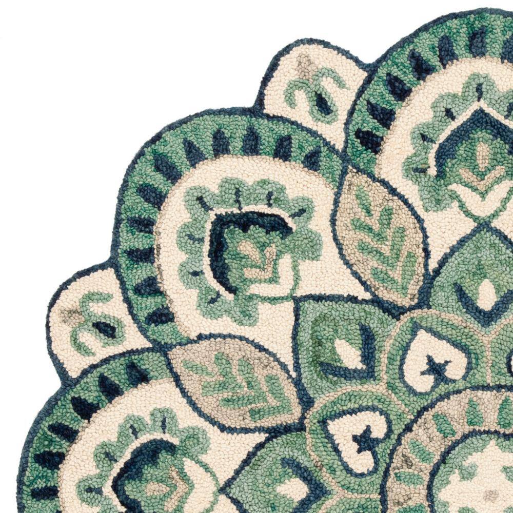 Handmade Round Blue Floral Wool Tufted Rug