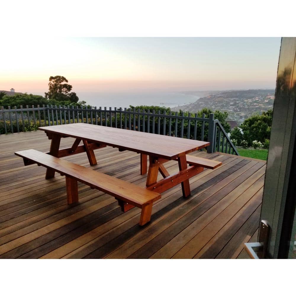 96" Medium Brown Redwood Picnic Table with Attached Benches