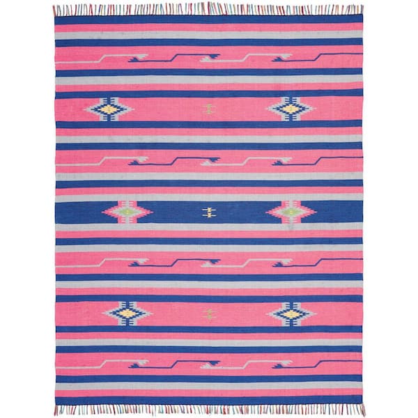8 ft. x 10 ft. Pink and Blue Southwestern Handmade Area Rug with Fringe