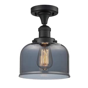 Bell 8 in. 1-Light Matte Black Semi-Flush Mount with Plated Smoke Glass Shade