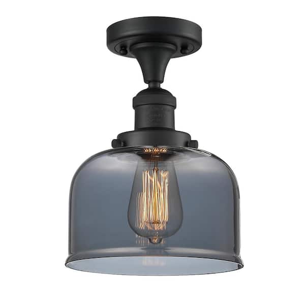 Innovations Bell 8 in. 1-Light Matte Black Semi-Flush Mount with Plated Smoke Glass Shade
