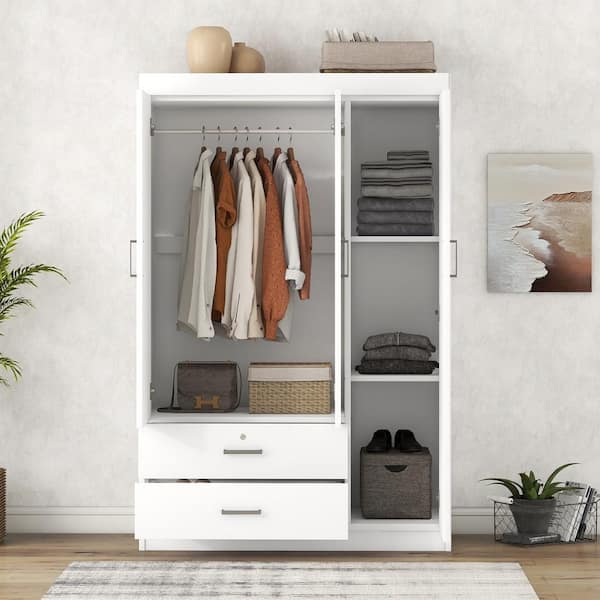 Harper & Bright Designs White Wood 41.3 in. 3-Door Wardrobe Armoires with Hanging Rod, 2-Drawers, and Storage Shelves