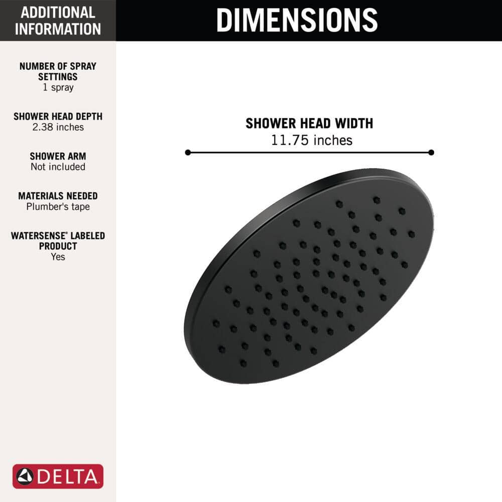 Matte Black Round Metal Rain Shower Head, 11.75-inch