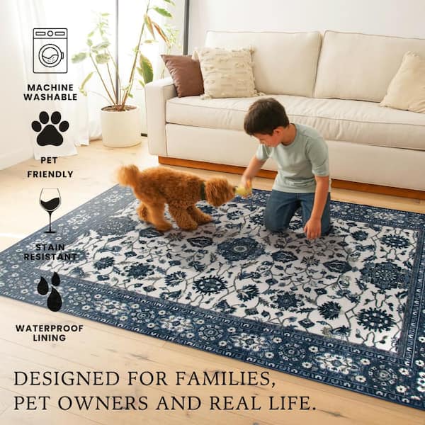 My Magic Carpet Ramage Blue Medallion 2.5 ft. x 7 ft. Washable