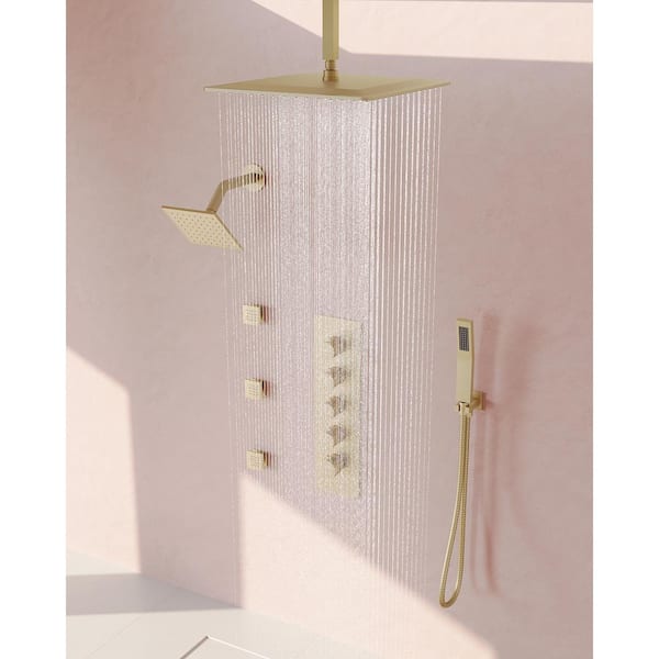SerenityFlow Shower System 15-Spray 16 & 6 in. Dual Ceiling Mount Fixed and Handheld Shower Head 2.5GPM in Brushed Gold