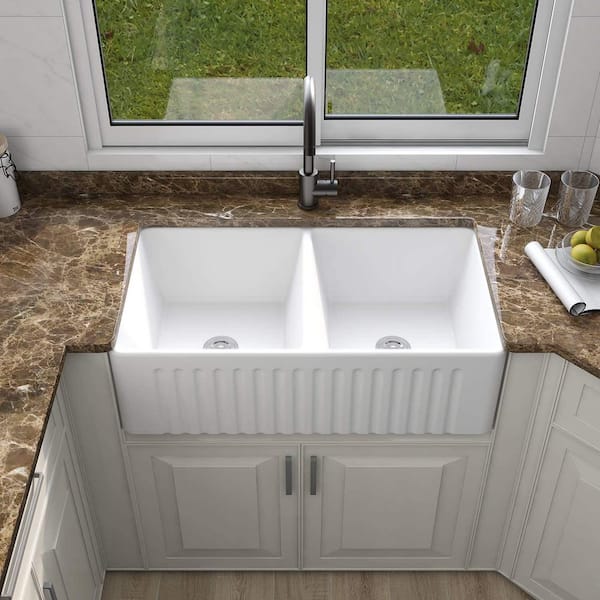 33 in. L x 18 in. W x 10 in. H Ceramic White Kitchen Double Basin Farmhouse Sink Rectangular Vessel White