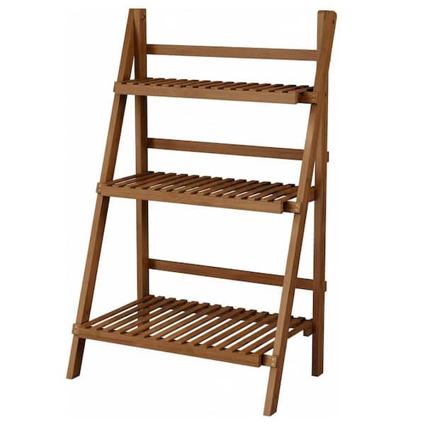3-Tier Walnut Wood Foldable Ladder Shelf Flower Pot Plant Stand (23.6 in. H W x 39.4 in. H)